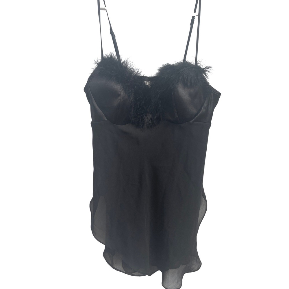 Y2K Coquette Black Satin Chiffon Feather Trim Going Out Cami Babydoll Tank Top M
